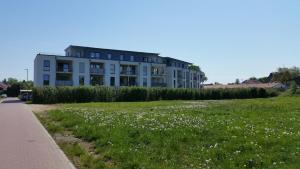 un edificio en una colina con un campo de flores en Apartment am Apfelgarten en Schwarmstedt