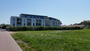 a building on a hill with a field of flowers at Apartment am Apfelgarten in Schwarmstedt