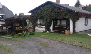 Una casa con flores al costado. en Ferienwohnung Kupfer, en Schmiedefeld am Rennsteig