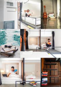 a series of photos showing a man and woman in a room at Book a Bed Poshtel - SHA Plus in Phuket