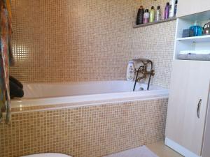 a bathroom with a tub and a tiled wall at Villa DaVinci in Verbania