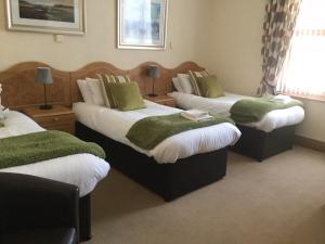 Habitación de hotel con 3 camas con almohadas verdes en Woodlands Guest House, en Liverpool