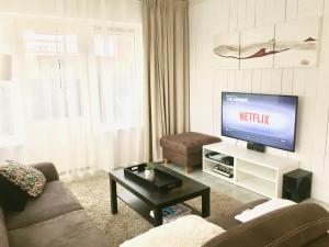 ein Wohnzimmer mit einem Sofa und einem TV in der Unterkunft Luxe Duinsuite in Groet