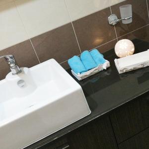 un bagno con lavandino e asciugamani su un bancone di isola a Torricella