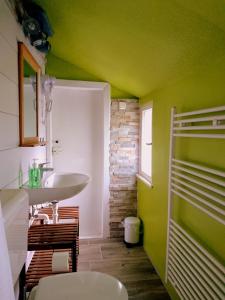 baño con paredes verdes, lavabo y aseo en house46-1, en Hohen Neuendorf