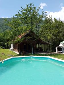 a house with a blue swimming pool in front of a house at La Cabana in Băile Herculane