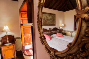 1 dormitorio con espejo y 1 cama con almohadas rosas en Finca Arminda, en Monte de Breña