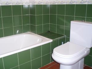 クリェラにあるCullera's Villaの緑のタイル張りのバスルーム(トイレ、バスタブ付)
