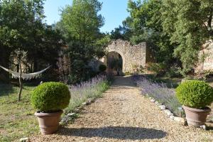 a garden with two bushes and a stone archway at La Forge in Rustrel