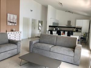 ein Wohnzimmer mit 2 Sofas und einer Küche in der Unterkunft Apartman Gaga in Kruševo