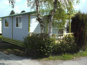 una casita blanca y verde junto a un árbol en Camping Pomme de Pin, en Stella-Plage