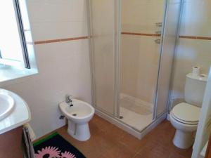a bathroom with a shower and a toilet and a sink at Casa do Pinheiro Manso in Valença