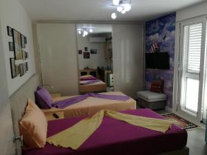 2 łóżka w pokoju o kolorze fioletowym i żółtym w obiekcie Absolute Blloku Apartment w Tiranie