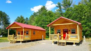 two log cabin homes with a red roof at Abbot Trailside Lodging in Abbot Village