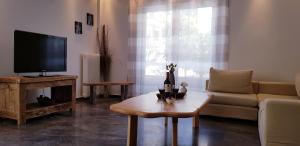 a living room with a couch and a tv and a table at Spacious Apartment in the Historical Center of Athens in Athens