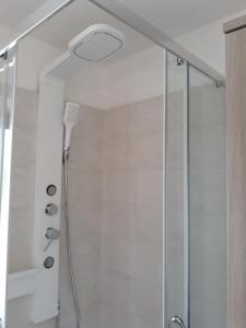 eine Dusche mit Glastür im Badezimmer in der Unterkunft Al Becalen in Livinallongo del Col di Lana + 17 Fotos