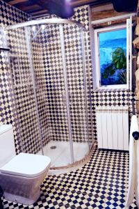 a bathroom with a shower with a toilet and a window at Hausele in Sulzbach an der Murr