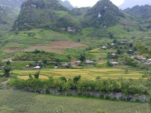 a village in a field in front of a mountain at Lung Ho motel in Làng Cac +34 photos