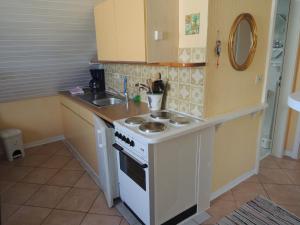 a small kitchen with a stove and a sink at Goden Wind 4 in Westerdeichstrich