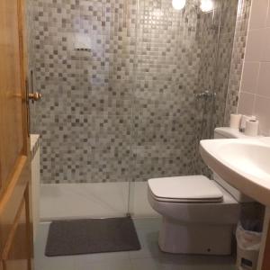 a bathroom with a shower with a toilet and a sink at La Posada Nueva in Viscarret-Guerendiáin