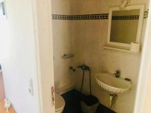 a bathroom with a sink and a toilet and a mirror at Rooms Olympia in Gialiskari