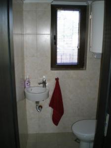 a bathroom with a sink and a toilet and a window at Park View Apartment Plovdiv with Parking in Plovdiv