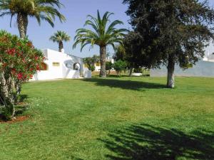 un patio con palmeras y un edificio blanco en Vivenda M9, en Quarteira