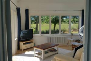 a living room with a tv and a couch and a table at Horsna Parc Retreat in Saint Tudy