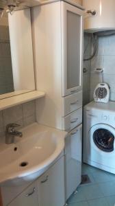 een keuken met een wastafel en een wasmachine bij Apartma Vojkovo in Koper