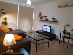 a living room with a couch and a table with a television at Achillion Gardens, near UNIC By 'Flats Nicosia' in Nicosia