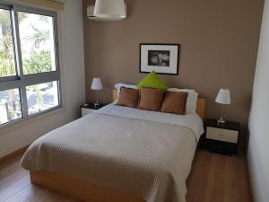 una camera da letto con un grande letto con due finestre di Achillion Gardens, near UNIC By 'Flats Nicosia' a Nicosia