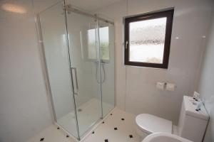 a bathroom with a shower and a toilet and a window at GOLFVIEW 4 in Buckie