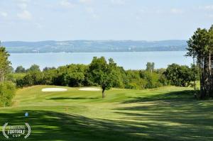 a view of a golf course with the water at Cottage by the Lake in Balatonudvari