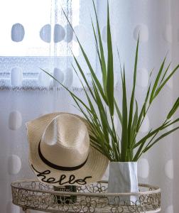 ein Strohhut auf einem Tisch neben einer Pflanze in der Unterkunft Appartement Am Tatscherlehen in Piesendorf