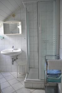 ein Bad mit einer Dusche und einem Waschbecken in der Unterkunft Frühstückspension Sterr in Strebersdorf