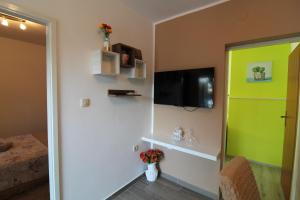 Habitación con TV y pared verde. en Kuća za odmor Modra oaza en Primošten