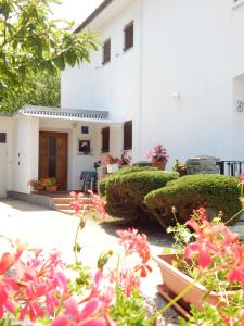 une maison blanche avec des fleurs roses devant elle dans l'établissement Apartment Štrmac, à Labin