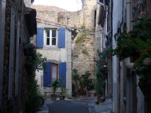 an alley with blue doors in an old building at Gite la Tour in Pépieux