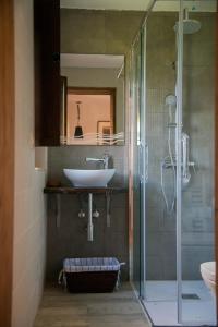 カンガス・デ・オニスにあるLos Candilesのバスルーム(洗面台、ガラス張りのシャワー付)