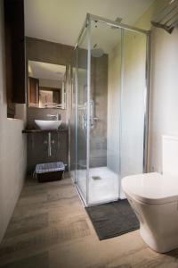 Un baño con ducha, inodoro y lavabo. en Los Candiles, en Cangas de Onís 46 fotos más