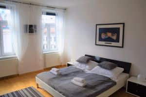 ウィーンにあるBelvedere Apartmentのベッドルーム1室(ベッド1台、窓2つ付)