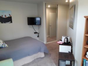 a bedroom with a bed and a television and a phone at Cave Rock Guest House in Sumner