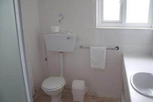 a bathroom with a toilet and a sink and a window at The Fernside in Sandown