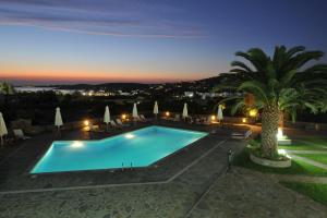 a swimming pool at night with a palm tree at Eri Hotel in Parikia