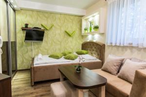 a living room with a bed and a couch at Apartament Krupowki CENTRUM in Zakopane