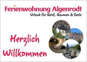 a greetings card with a picture of a castle and the wordsfemingiving al at FeWo Algenrodt in Idar-Oberstein