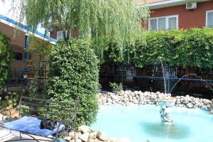 a water fountain in a garden with a bench and a tree at Hotel Vila Alex in Costinesti