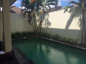 a swimming pool in front of a house with palm trees at Villa Rob in Kerobokan