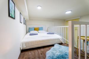ブダペストにあるBpR Turquoise Simplicity Apartmentのベッドルーム(青い敷物付きの白いベッド付)