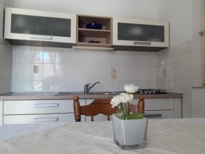 a kitchen with a vase of flowers on a table at Apartments Merica in Novalja